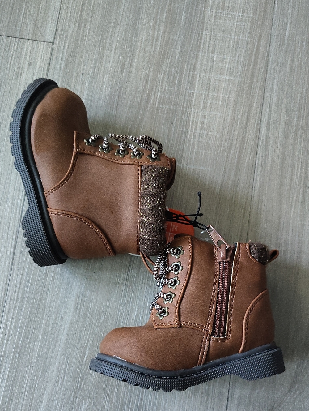 wonder nation Brown Lace-Up Kids Ankle Boots with Side Zipper